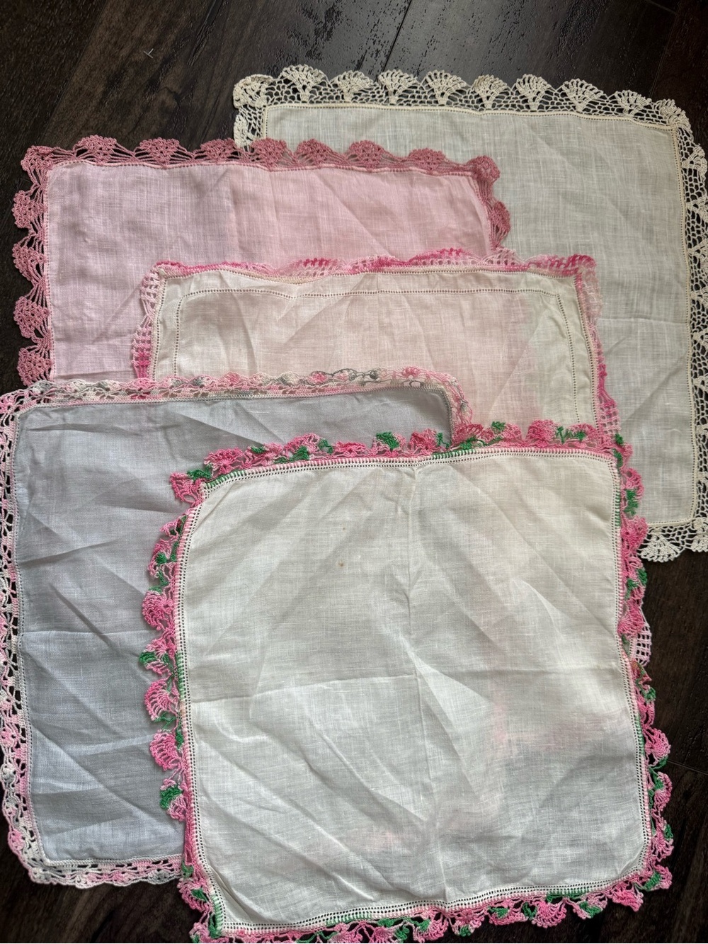 5 Vintage Linen Handkerchiefs Pink Crochet Lace Edging Cottagecore Wedding